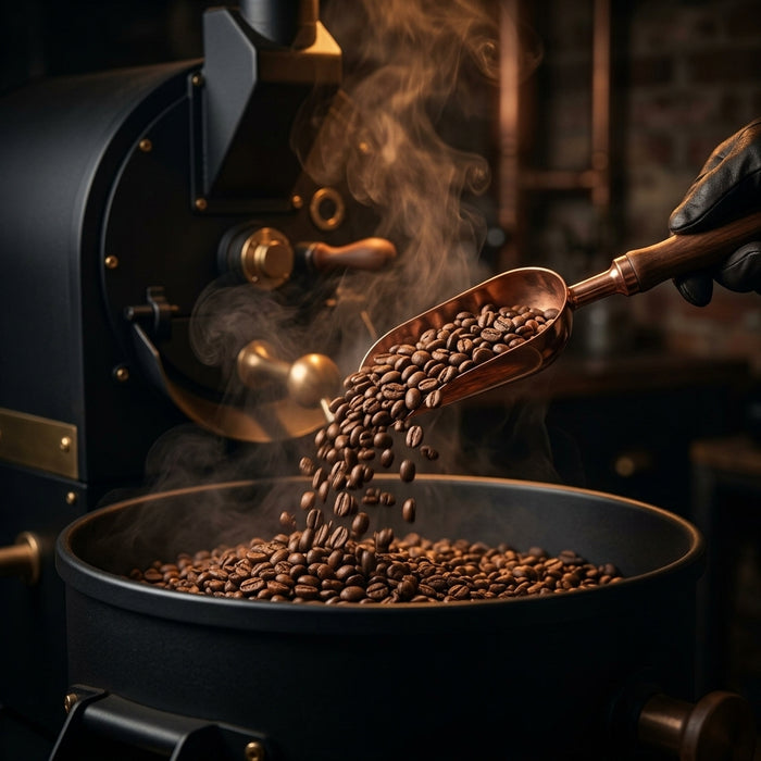 Coffee beans with warm amber roastery lighting
