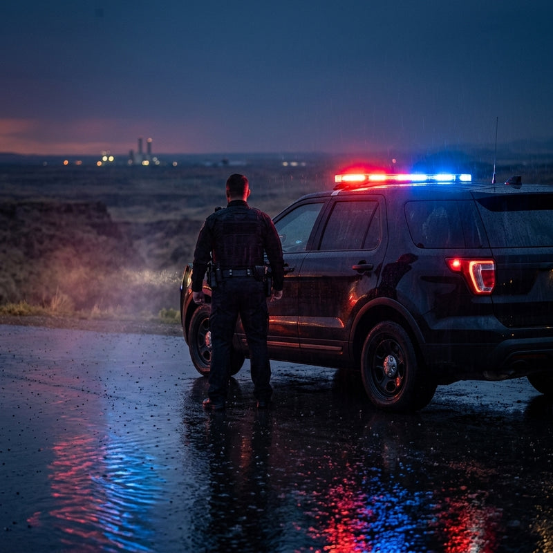 Police patrol vehicle with lights at dusk