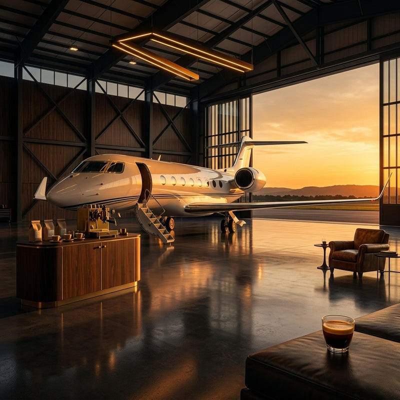 Private jet in luxury hangar at golden hour