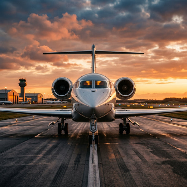 Passenger jet on runway at golden hour