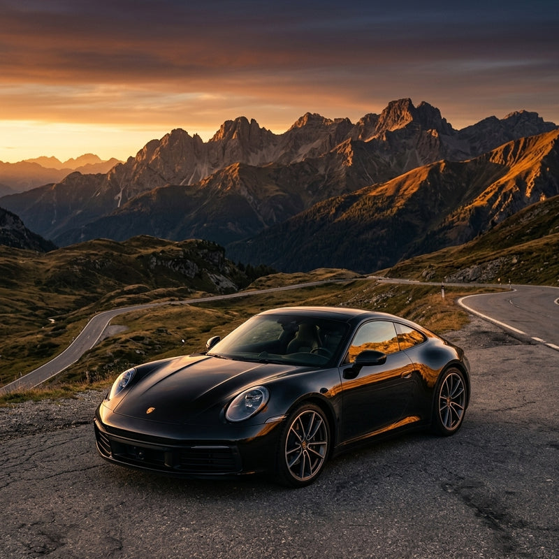 Luxury sports car on mountain road at sunset