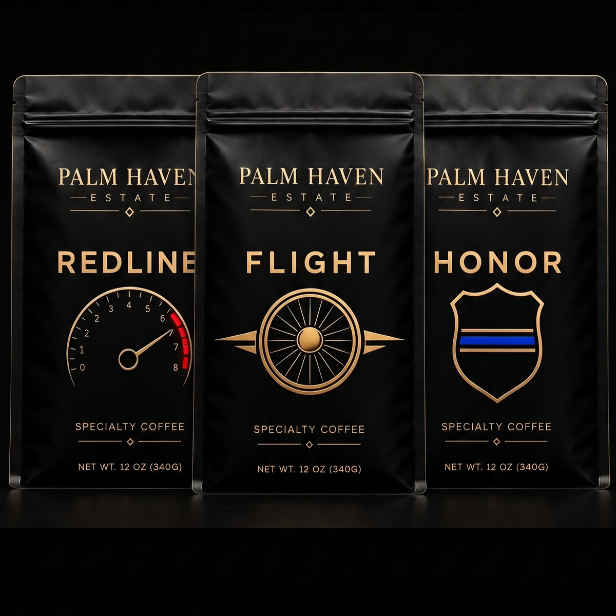 Palm Haven Estate Flight, Honor and Redline coffee bags`
