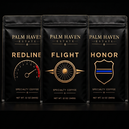 Palm Haven Estate Flight, Honor and Redline coffee bags`
