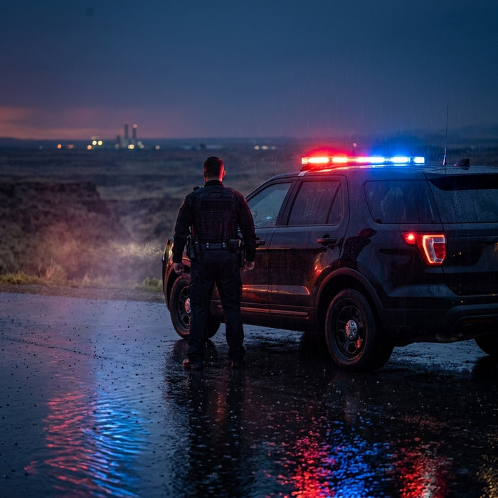 Police patrol vehicle with lights at dusk