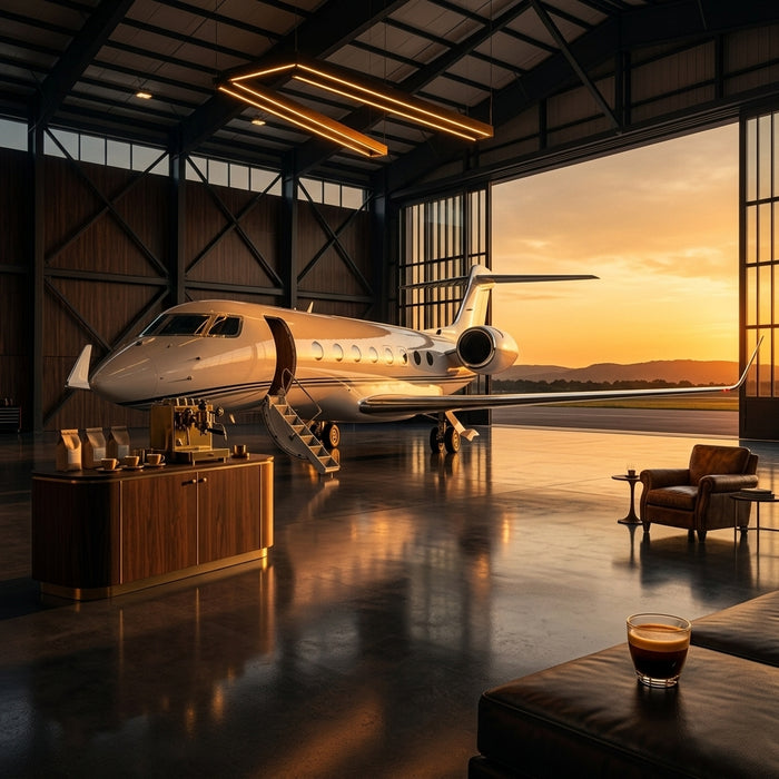 Private jet in luxury hangar at golden hour